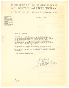 Letter from Independent Citizens Committee for the Arts, Sciences and Professions to W. E. B. Du Bois