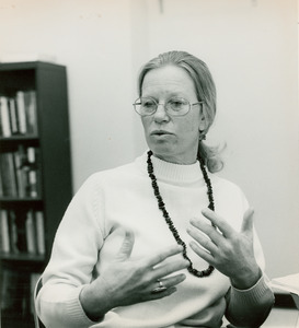 Vivian Barfield sitting indoors, talking