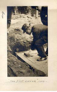 Laurence L. Doggett laying first brick of Marsh Memorial at Springfield College, 1912