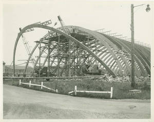 The removal of the beams of the Memorial Field House at the Sampson Naval Training Facility