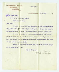 Letter to Amos Alonzo Stagg from Williams College dated October 2, 1891