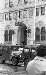 Military Police vehicles in front of Boston Police Headquarters on Berkeley Street