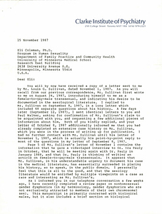 Correspondence from Ray Blanchard to Eli Coleman (November 15, 1987)