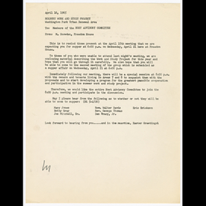 Memorandum from M. Snowden to members of the Host Advisory Committee about dinner and meeting on April 21, 1965