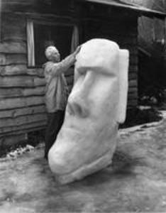 Dean R.R. Brooks sculpts 'Long Ears' in snow, 1959