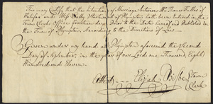 Marriage Intention of Thomas Fuller and Sally Sturtevant of Plympton, Massachusetts, 1811