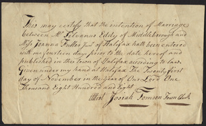 Marriage Intention of Sylvanus Eddy of Middleborough, Massachusetts and Joanna Fuller, 1808
