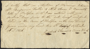 Marriage Intention of Benjamin Fuller and Anne Bosworth, 1826