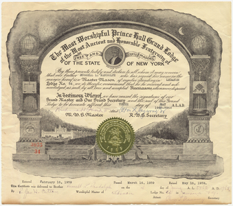Prince Hall Master Mason certificate issued to Russell L. Randolph, 1962 May 10