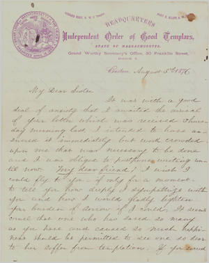 Letter attributed to Mary E. Elliott, 1876 August 3