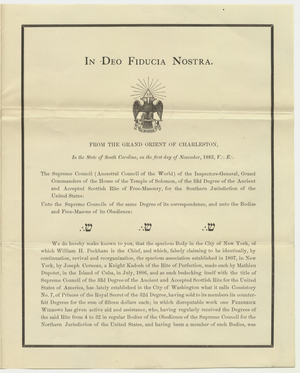 Letter from Sovereign Grand Commander Albert Pike regarding the expulsion of Frederick Widdows and others, 1883 November 1