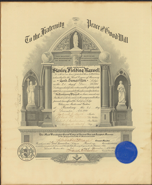Master Mason certificate for Stanley Fielding Maxwell