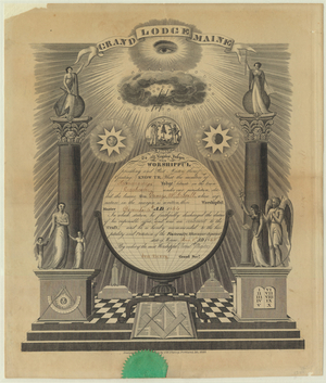 Worshipful Master certificate issued by the Grand Lodge of Maine to George W. Lowell, 1868 January 8