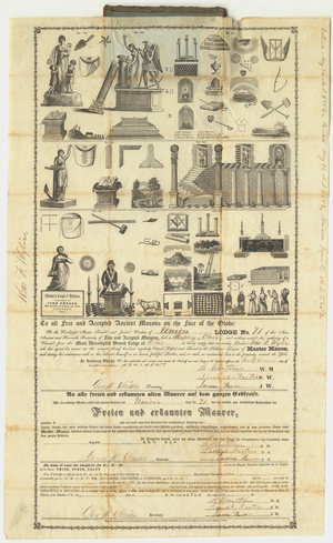 Master Mason traveling certificate issued by Union Lodge, No. 71, to William F. Wylie, 1852 November 22