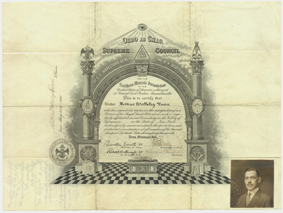 32° traveling certificate issued to Arthur Wellesley Lunn, 1920 May 21