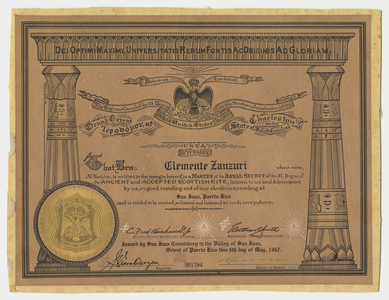 32° certificate issued by the San Juan Consistory to Clemente Zanzuri, 1967 May 6