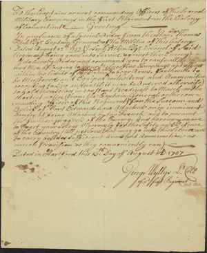 Letter from Lieutenant Colonel George Wyllys to the First Regiment, 1757 August 13