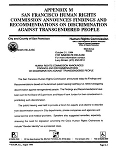 Appendix M: San Francisco Human Rights Commission Announces Findings and Recommendations on Discrimination against Transgendered People