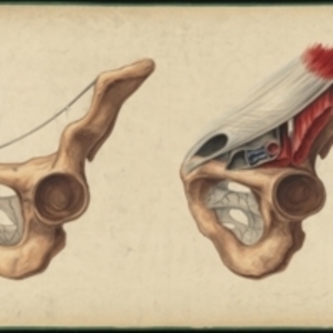 Teaching watercolor showing two views of the crural arch on the left side, one with bones and ligaments only, and the other with the addition of muscles, nerves, and vessels