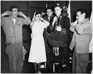 Actors onstage for a Suffolk University Drama Club production, circa 1950s