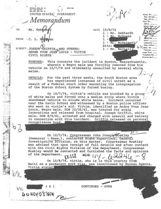 Correspondence and memoranda regarding the FBI examination of attacks on Andre Yvon Jean Louis in October 1974, and Theodore Landsmark in April 1976