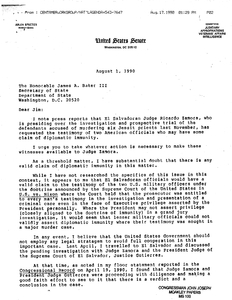 Letter from John Joseph Moakley to the Honorable James A. Baker, III regarding claims of diplomatic immunity for two American officials involved in the Jesuit murders,1 August 1990