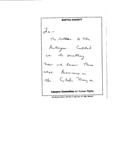 Handwritten note from Martha Doggett of Lawyers Committee for Human Rights to Tim, regarding a letter to the U.S. Pentagon