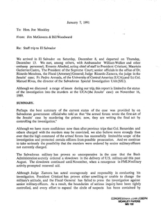 Memorandum to John Joseph Moakley from James P. McGovern and Bill Woodward regarding a summary of the staff trip to El Salvador, status of the case on the Jesuit murders, and unanswered questions they still had at the time, 7 January 1991
