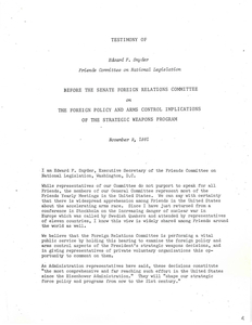 Testimony of Edward F. Snyder, of the Friends Committee on National Legislation, before the Senate Foreign Relations Committee on The Foreign Policy and Arms Control Implications of the Strategic Weapons Programs