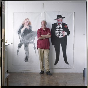 Neil Shawcross, painter from Belfast with his portraits of Bobbie Hanvey (photographer) and Charlie Fitzgerald (journalist)