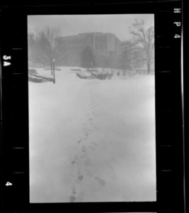 Photographs of campus with snow, 1976 March 30