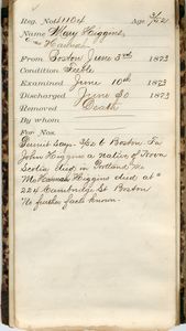 Tewksbury Almshouse Intake Record: Higgins, Mary
