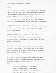 Draft Letter to Massachusetts Selectmen from Senator Paul E. Tsongas regarding his staff's services