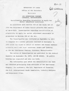 TA-W-2315 Ace Sportswear Company, Lawrence, Massachusetts: Certification regarding eligibility to apply for worker adjustment assistance