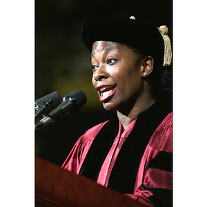 Commencement speaker, Donna Harris-Lewis, delivering commencement address