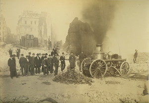 Firefighters, bystanders, and firefighting equipment on ruins of Devonshire St., Boston, Mass., after the Great Boston Fire, 1872