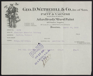 Billhead for Geo. D. Wetherill & Co., Inc. of Mass., paint & varnish, 36 Sudbury and 58-62 Portland Streets, Boston, Mass., dated March 24, 1919