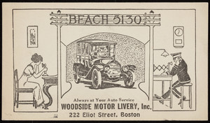 Trade card for Woodside Motor Livery, Inc., 222 Eliot Street, Boston, Mass., undated