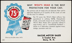 Trade card for Wolf's Head Motor Oil, location unknown, 1954