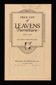 Price list of Leavens Furniture, William Leavens & Co., inc., 32 Canal Street, Boston, Mass.