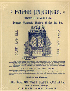 Advertisement for the Boston Wallpaper Company, paper hangings, 20 Summer Street, Boston, Mass., August 1888