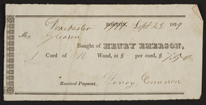 Billhead for Henry Emerson, wood, Dorchester, Mass., dated September 23, 1839
