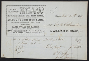 Billhead for William F. Shaw, lamps, oil, candles, 270 Washington Street, opposite Temple Place, Boston, Mass., dated February 28, 1849