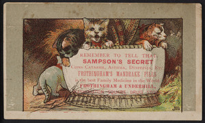 Trade card for Sampson's Secret and Frothingham's Mandrake Pills, Frothingham & Underhill, Washington Square Drug Store, location unknown, undated