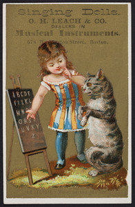 Trade card for singing dolls, O.H. Leach & Co., dealers in musical instruments, 578 Washington Street, Boston, Mass., undated
