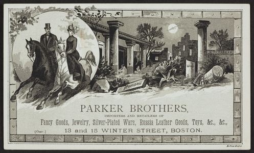 Trade card for Parker Brothers, fancy goods, jewelry, silver-plated ware, 13 & 15 Winter Street, Boston, Mass., undated