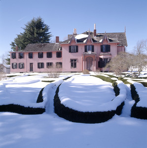 View of south facade in snow, Roseland Cottage, Woodstock, Conn.