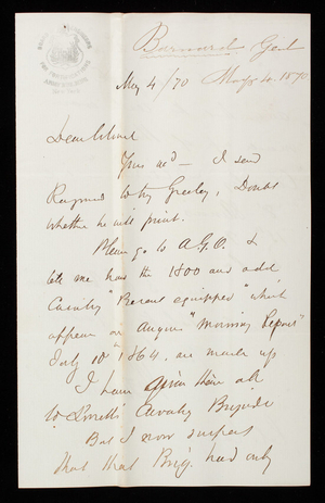 Barnard to Thomas Lincoln Casey, May 4, 1870; ED to Colonel Martin, May 5, 1870; Martin to Thomas Lincoln Casey, May 6, 1870