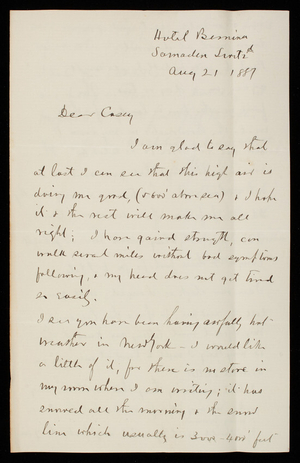 [Cyrus] B. Comstock to Thomas Lincoln Casey, August 21, 1887