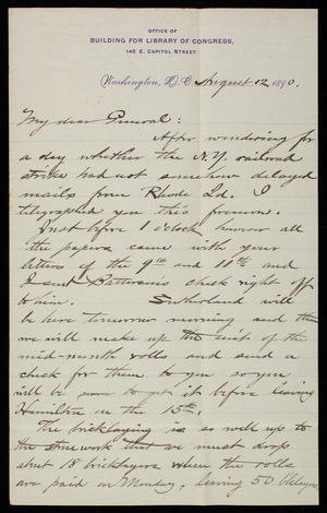 [Bernard R.] Green to Thomas Lincoln Casey, August 12, 1890